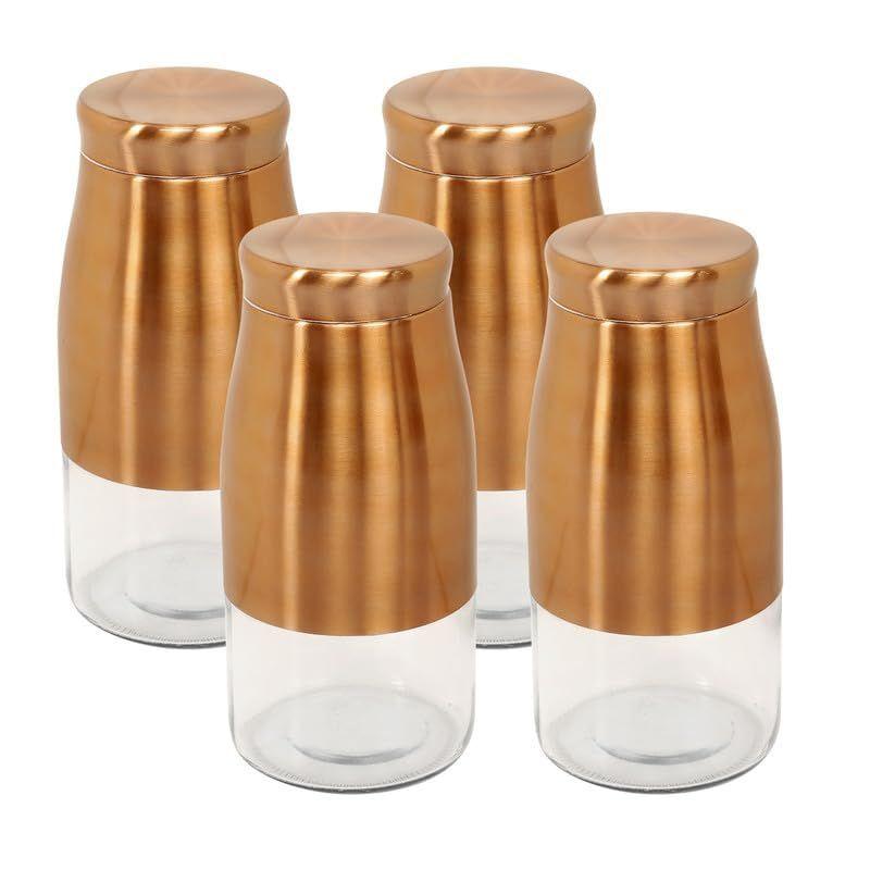 Rose Gold Finish - Bell Bottom Glass Jars for Sugar,Cereal, Spices, Pulses and other Kitchen Storage 2250ml, Set of 4