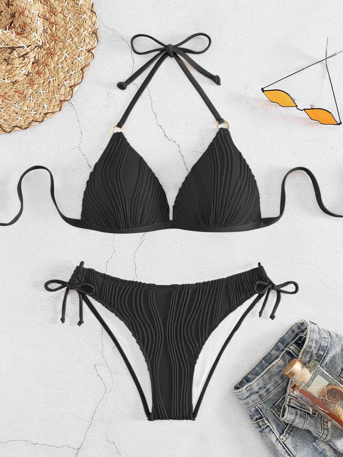 

Three Piece Tie Bikini Set for Women Adjustable Strap Swimwear Two Piece Swimsuit with High Waist Bottom and Padded Top Beachwear M