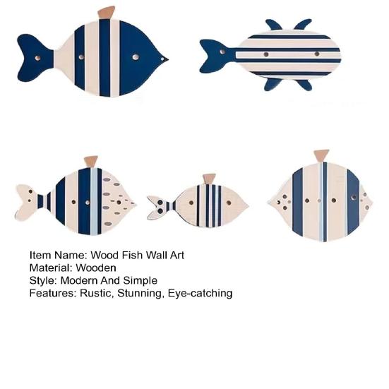 5 Pcs Wooden Fish Wall Decor Nautical Rustic Fish Wall Art Sculpture Beach Coastal Theme Farmhouse Hanging Sign for Home Bathroom Bedroom Lake House