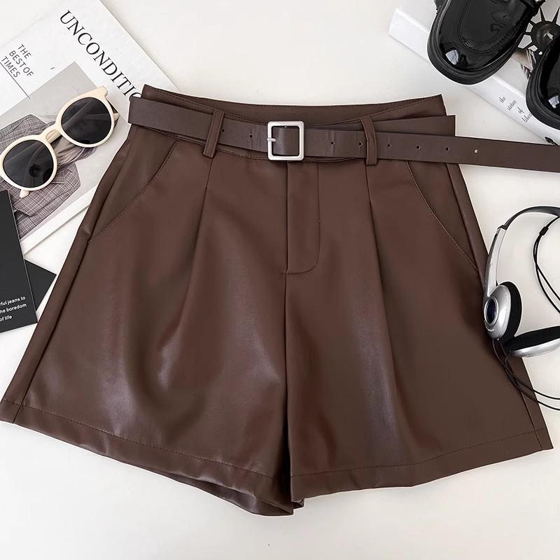 

2024 Осень/Зима Женские Черные Шорты из ПУ Кожи с Завышенной Талией, Приталенные, Ретро L [105-118 lbs]