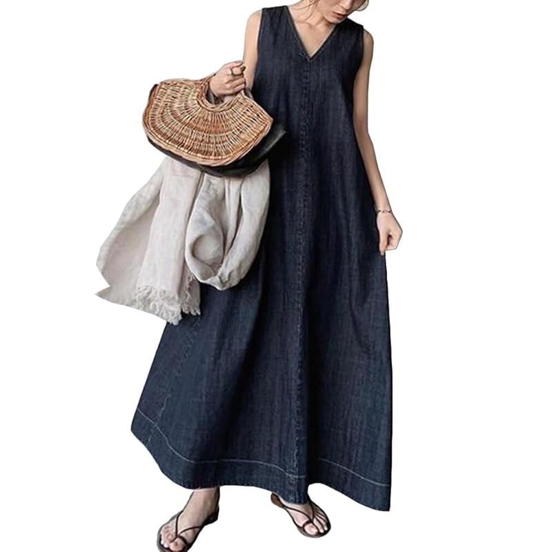 

[Vasarhely] one piece ladies maxi dress denim dress sleeveless dress denim long dress sleeveless spring summer autumn Maxi(Free navy)