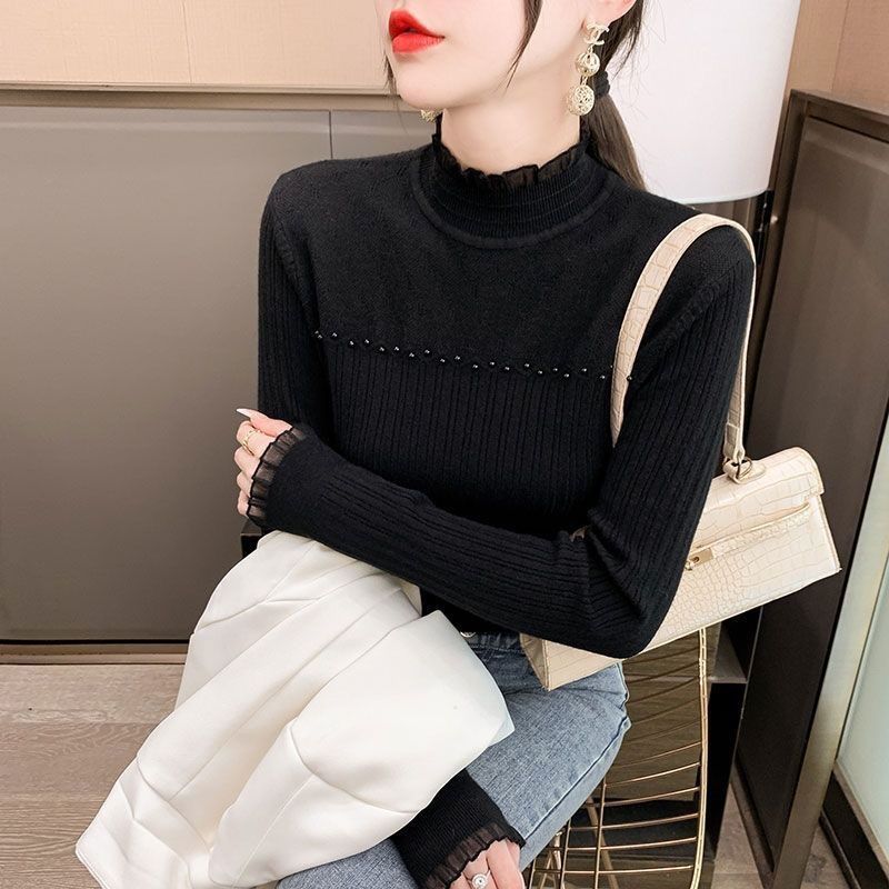 

Весенний свитер свободный трикотажный пуловер женский круглый вырез кружевной кашемировый осенний низ рубашки 2XL чёрный