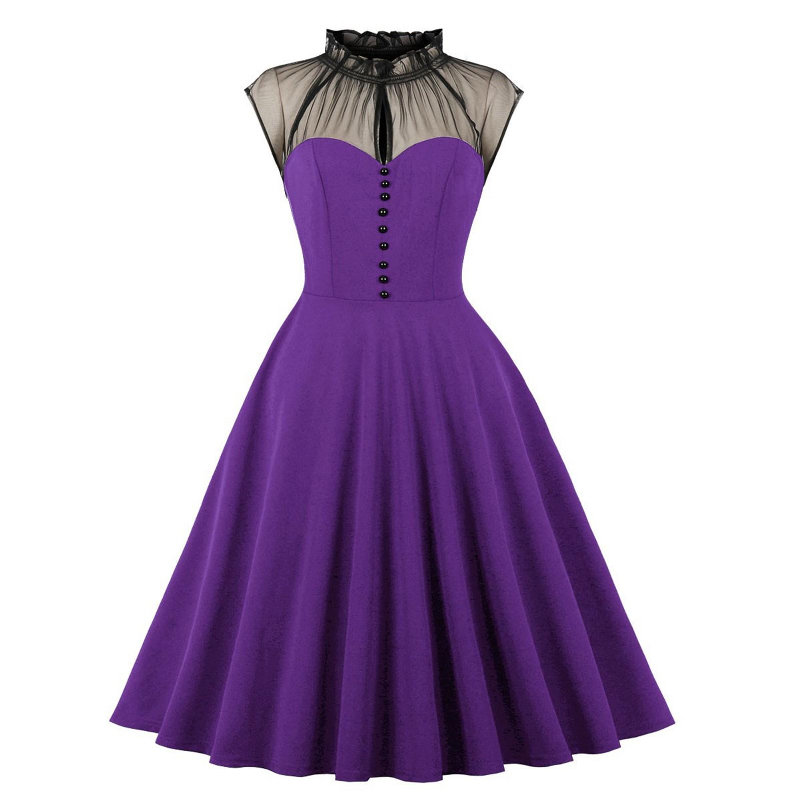 Women s Mesh Stitching Flying Sleeves Half-high Collar Swing Retro Dress XL