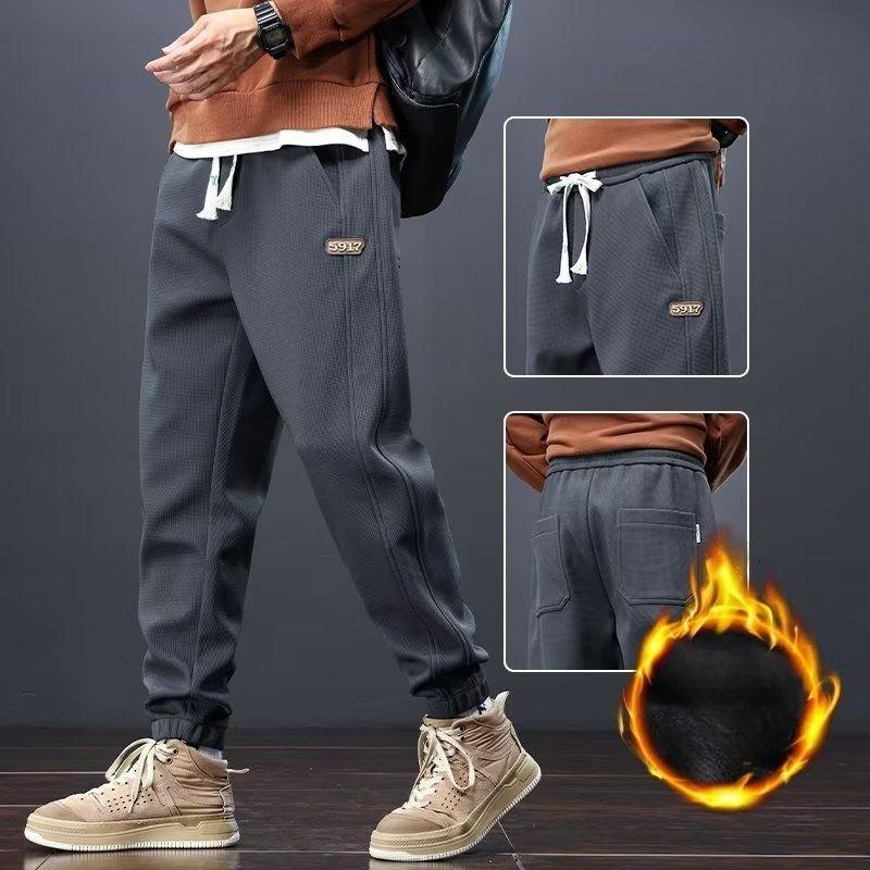Men's Autumn Winter Japanese Style Cuffed Loose Sports Drawstring Sweatpants Fleece Lined Thickened Warm Casual Long Pants