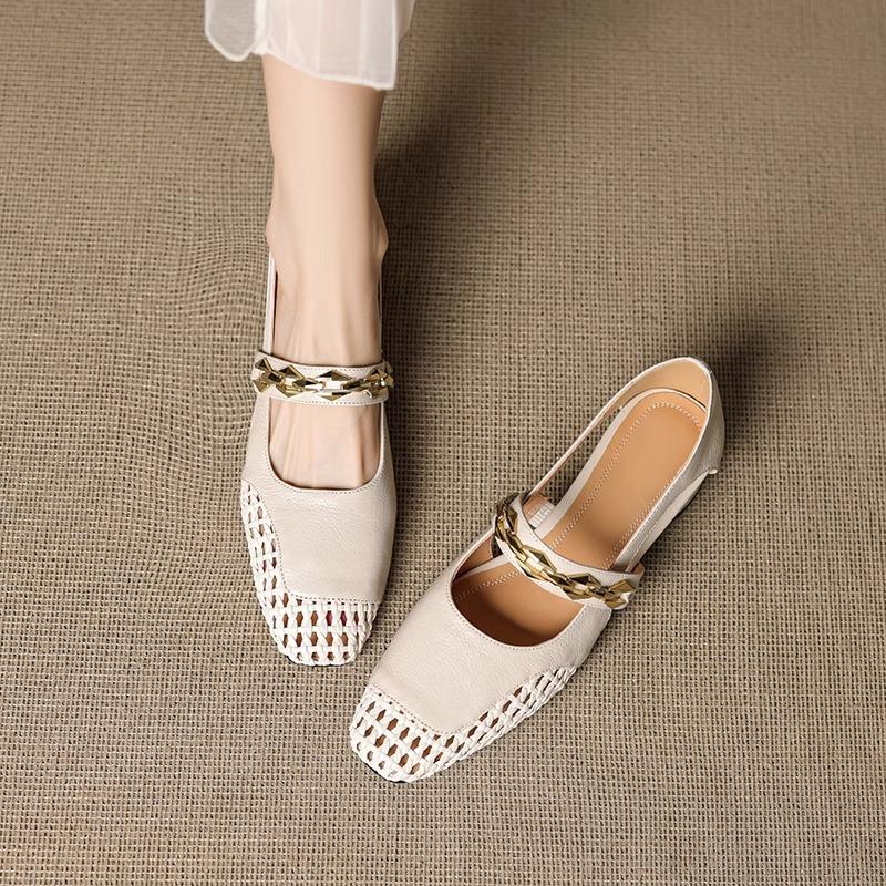Woven mesh hole shoes spring and autumn square head thick heel one-word buckle metal hollow fashion sandals