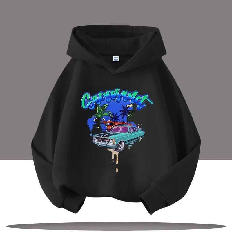 New Hip-hop Style Retro Car Cartoon Printed Children's Hooded Sweatshirt, Autumn and Winter Casual Top, Comfortable Clothing