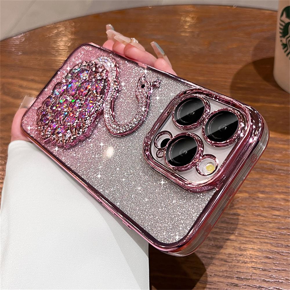Luxury Plating Bling Glitter 3D Diamond Swan Clear Phone Case For iPhone 15 11 12 13 14 Pro Max Soft Silicone Shockproof Cover