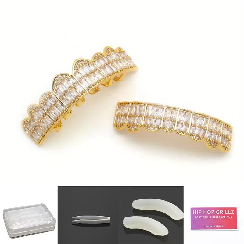 European and American Trendy HIOHOP 18K Gold Plated Hip Hop Grillz with Copper Inlaid Square Rhinestones.