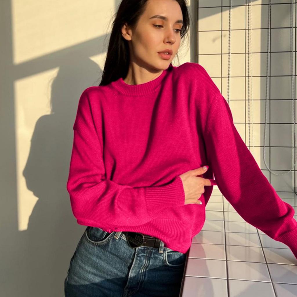 Einfarbiger Rundhals-Pullover für Damen | Weiches Strickoberteil | Lässige lockere Passform