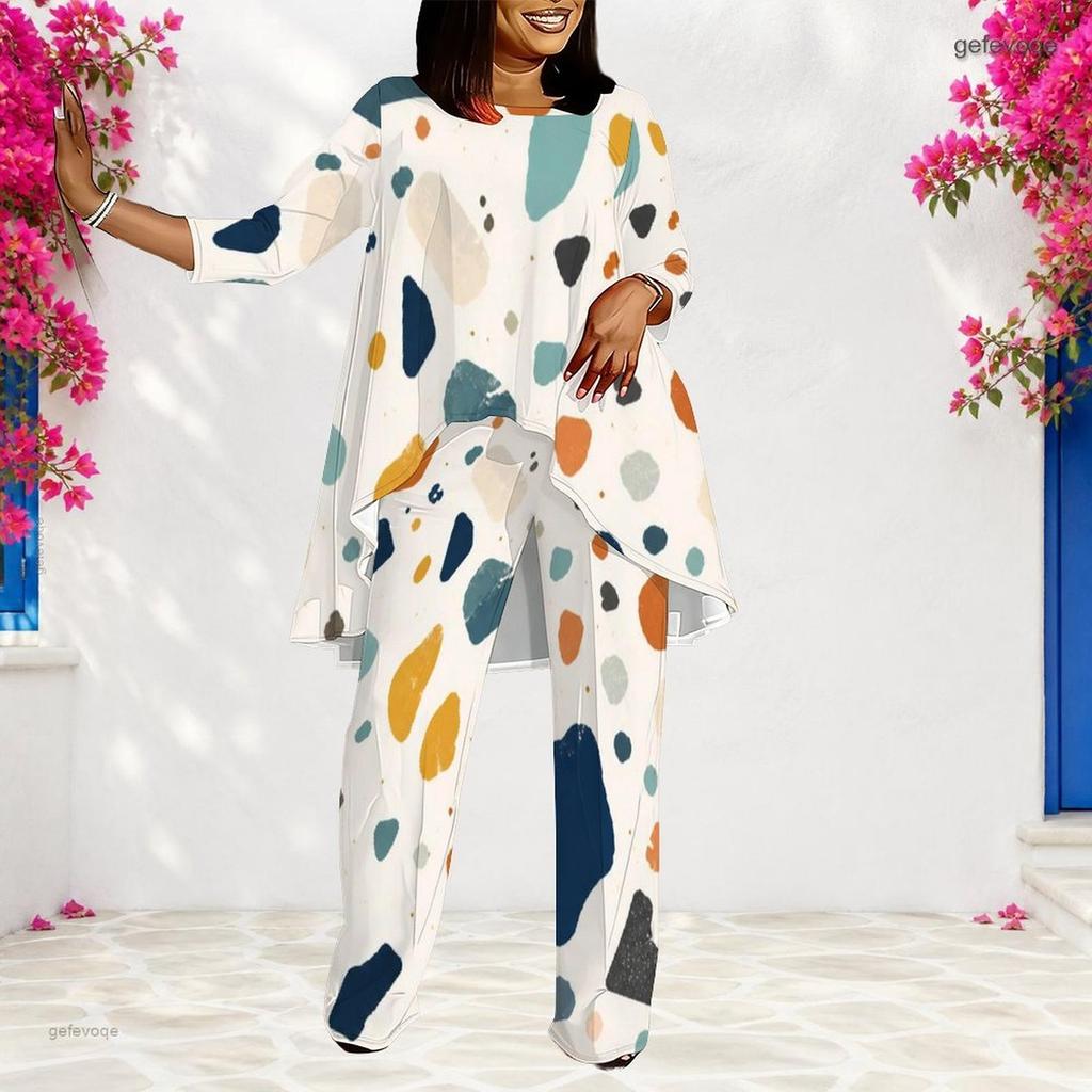 Women Plus Size Geometric Printed Round Neck 3 4 Sleeve Layered Top Long Pants Two Piece Set
