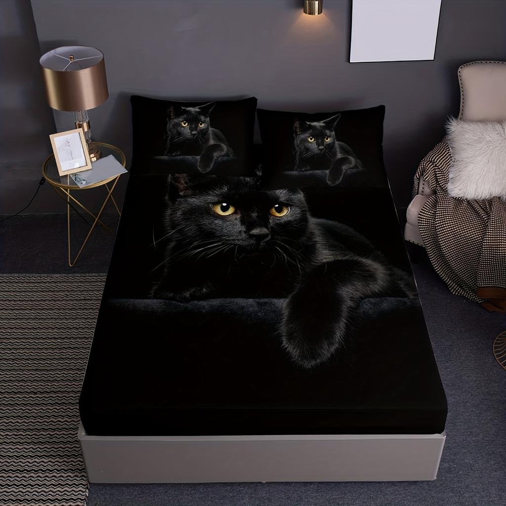 Black Cat Print Polyester Bedding Set For Bedroom Guest Room Hotel (1*Fitted Sheet + 2*Pllowcase, Without Core)