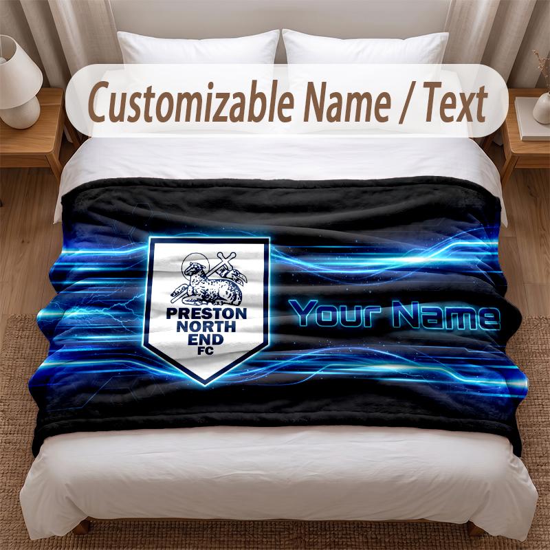 Preston North End Printed Flannel Blanket Custom Name Text Soft Warm Throw For Bedroom Holiday Gift