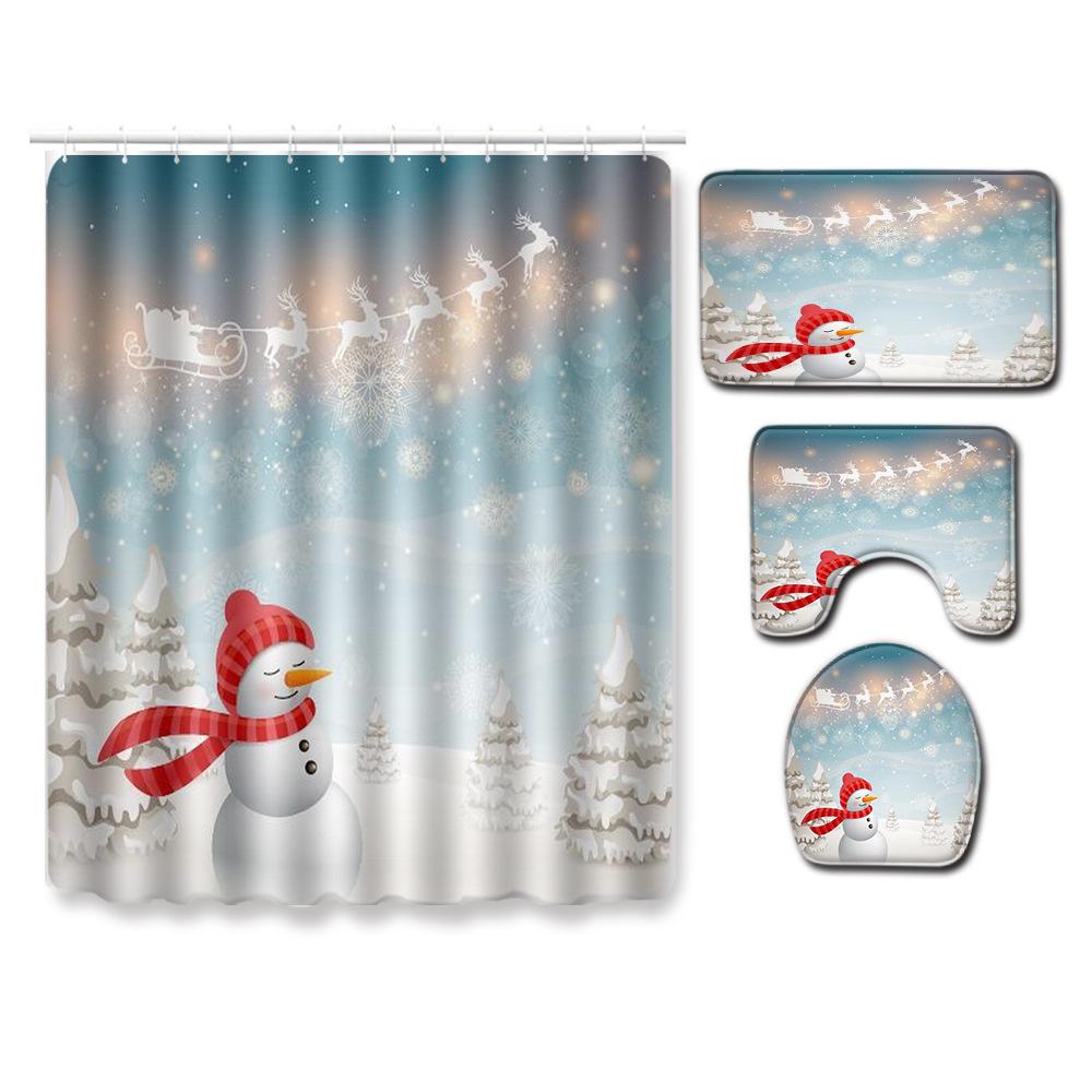 Christmas Home Door Mat Bathroom Toilet Shower Curtain Four-Piece Floor Mat Bedroom Absorbent Carpet