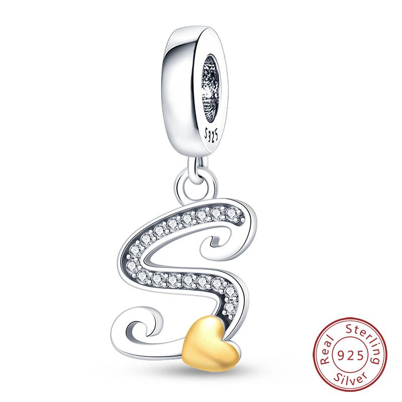 925 Silver Charm Beads Classic Gold Heart-Shaped 26 Letters Pendant For Bracelet DIY Charm Birthday Jewelry