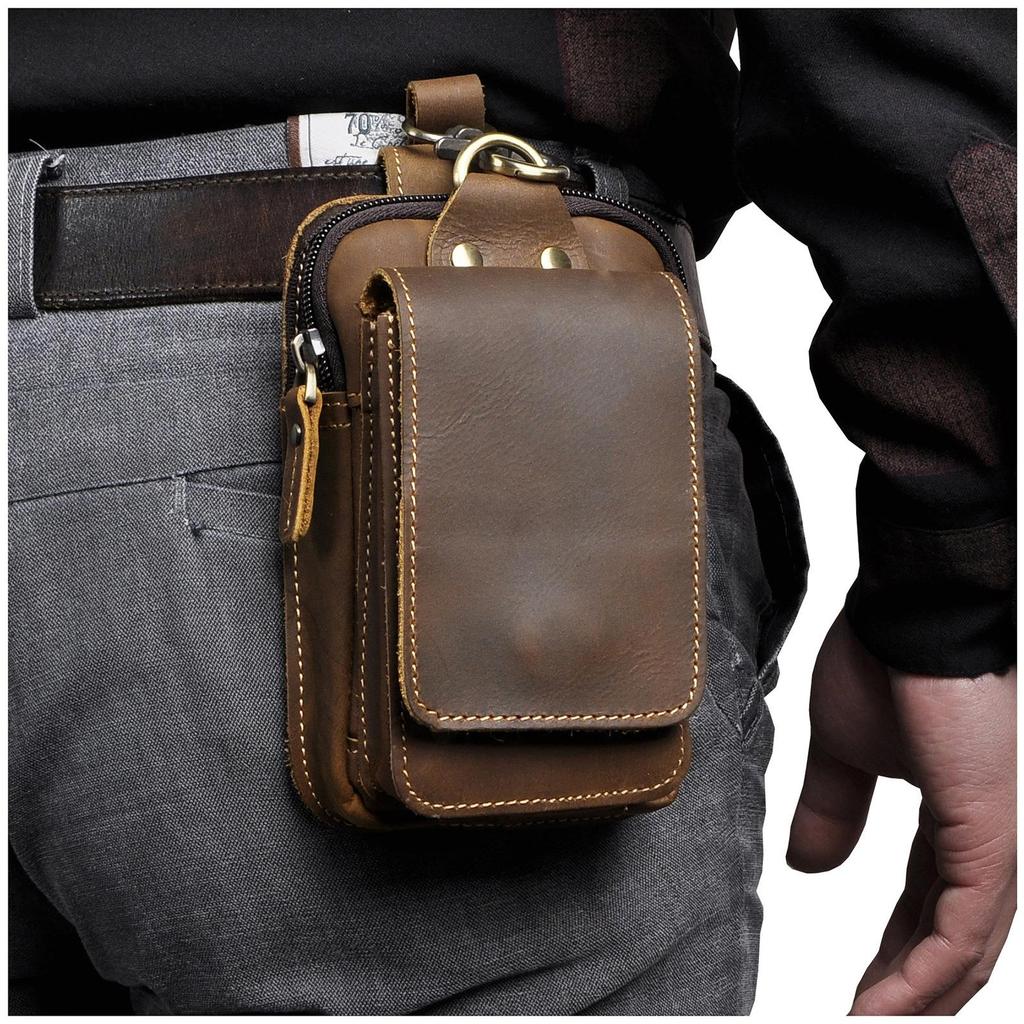Men Top Layer Crazy Horse Leather Small Waist Bag With Hook 6 Inch Outdoor Phone Storage Pouch belt bag