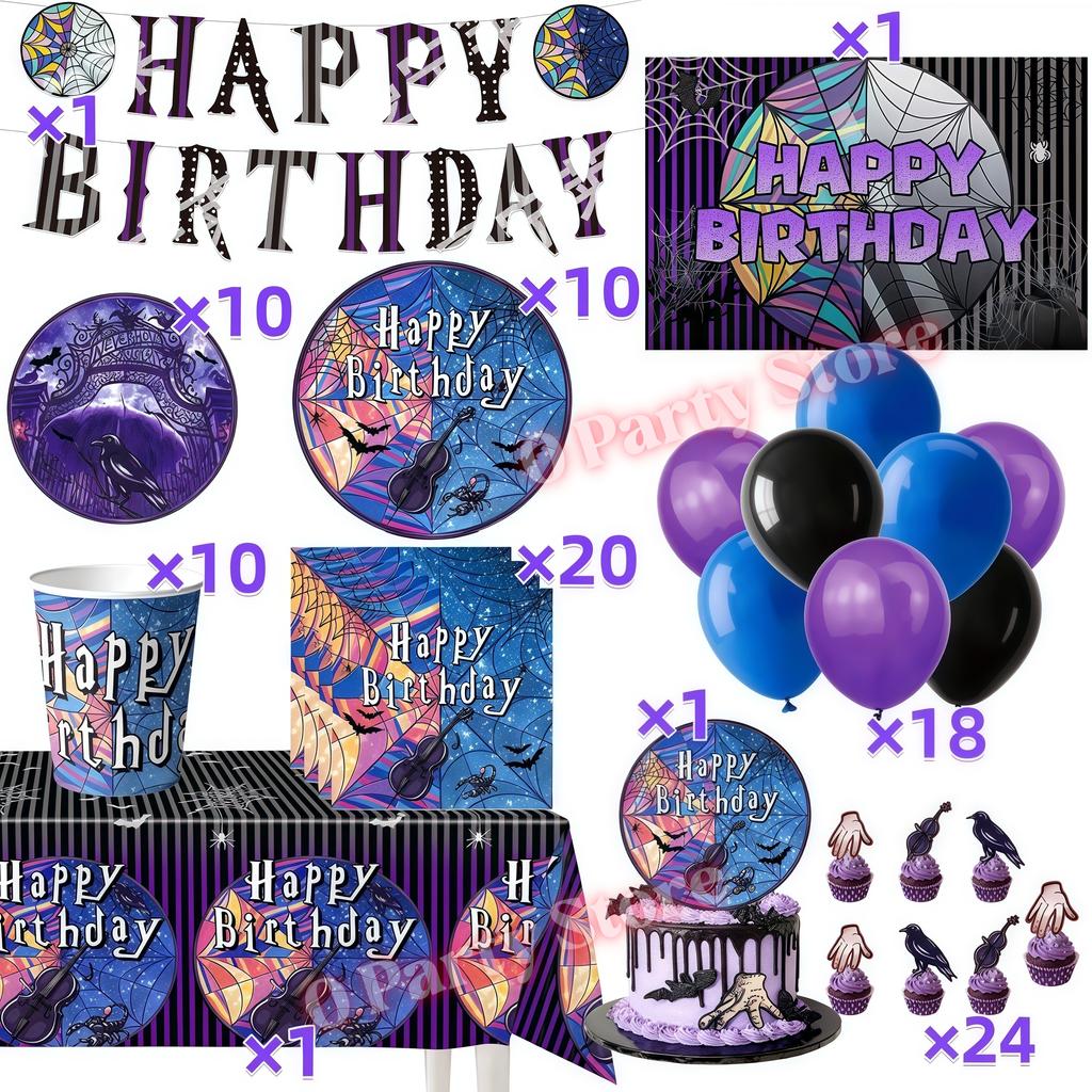 Birthday Party Decorations Supplies Kit Balloons Cups Plates Backdrop Banner Addams Theme Birthday Cake Decor Kids Favor Gifts