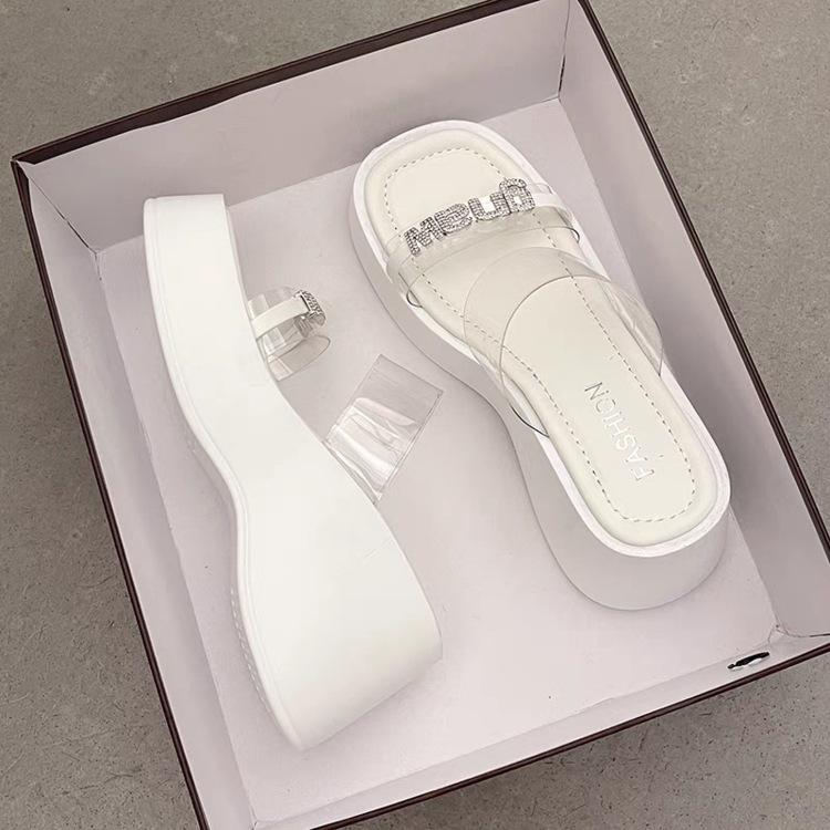White rhinestone muffin heightened platform slippers for women to wear 2025 summer high-end one-word French cool slippers