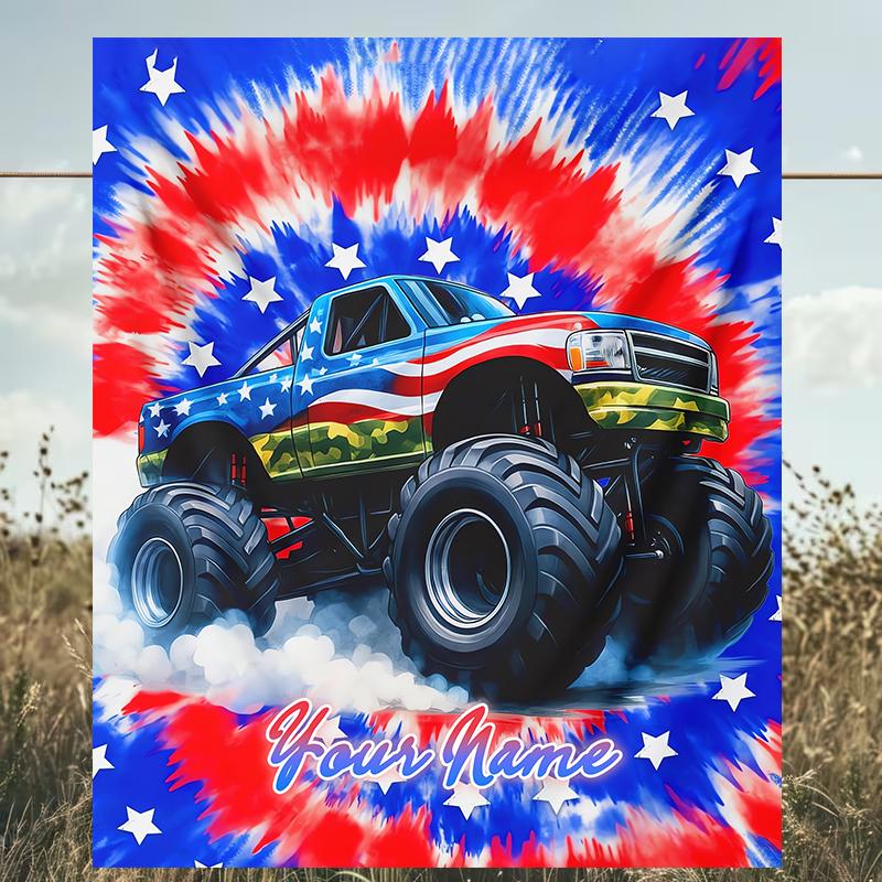 1PC Custom Name American Flag Monster Truck Outdooor Flannel Blankets Patterns Throw Blanket All-Season Soft Gift for Couch, Bed, Camping Gifts