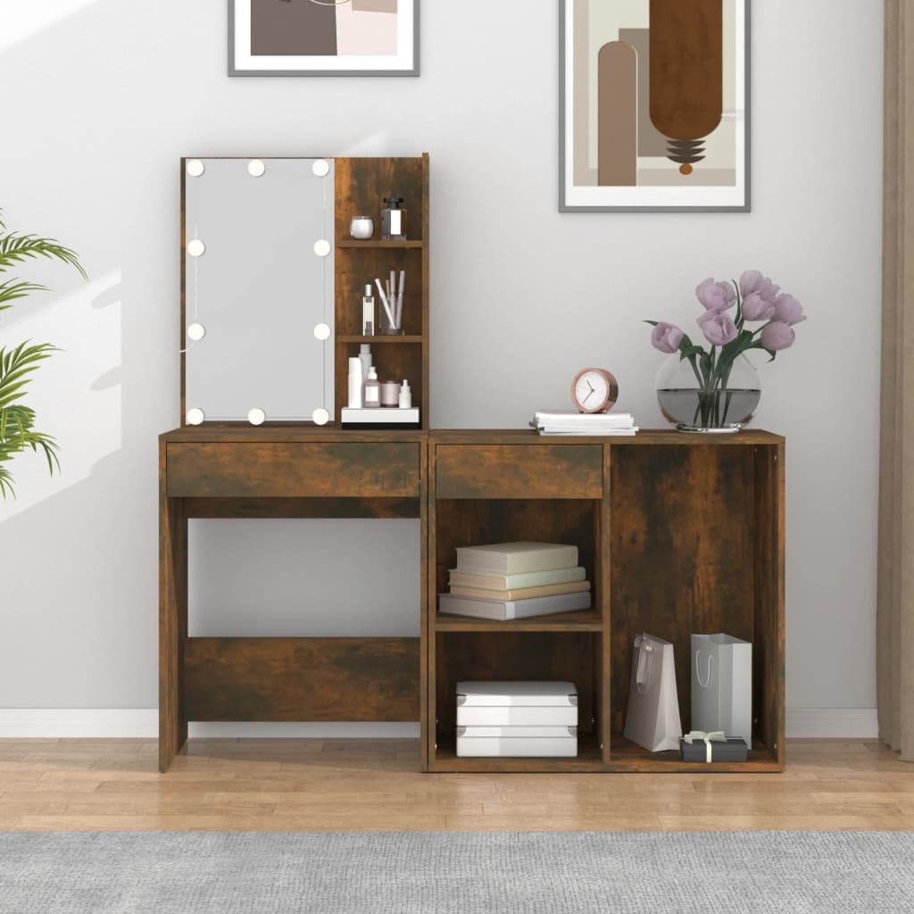 LED Vanity Table with Cabinet Smoked Oak Wood Based Material