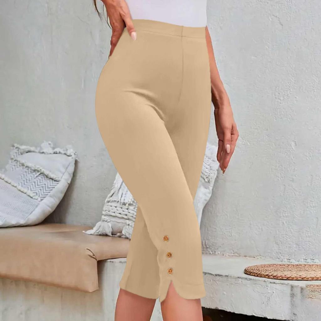 Women's Fashionable Solid Color High Waist Slimming Casual Elastic Waist Bottom Cropped Pants