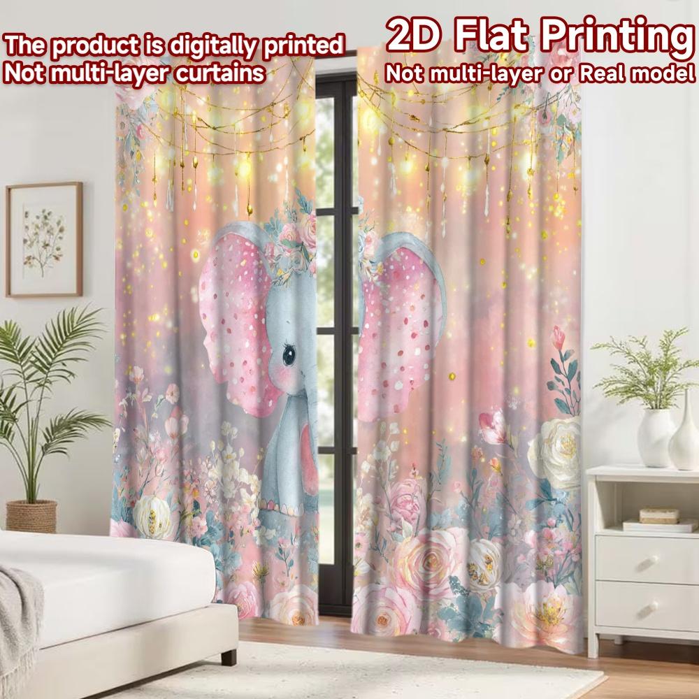 2D flat printing 2pcs Curtain Curtains Spring Floral Elephant Digital Printed Polyester Drapes Family Party Decoration Perfect
