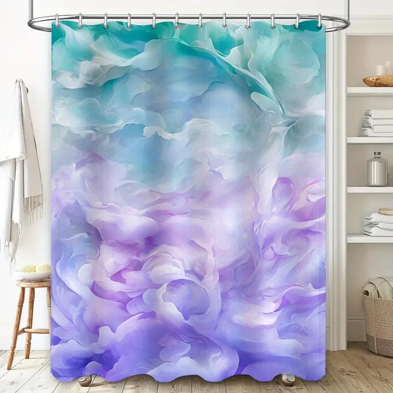 Blue Green Lavender White Shower Curtain Artistic Watercolor Print Bath Decor Waterproof Polyester Fabric