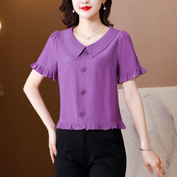 Fashionable Doll Collar Chiffon Shirt for Women In Summer, Fashionable Waist Slimming and Age-reducing Short-sleeved Top