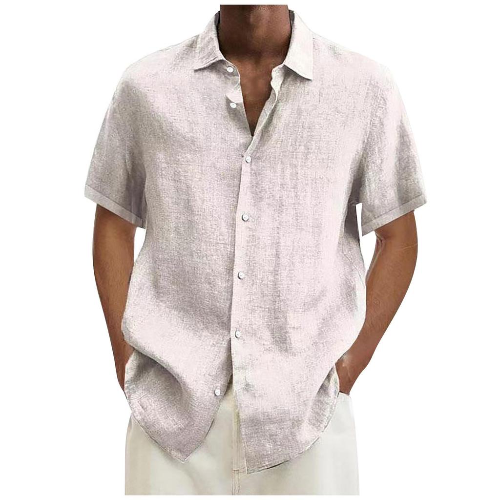 Men's Casual And Fashionable ,color Lapel Button Cardigan, Cotton And Linen Men's Short,sleeved Top