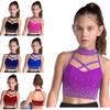 Kids Dance Costume Sparkling Rhinestones Crop Top Halter Sleeveless Cross Front Backless for Gymnastics