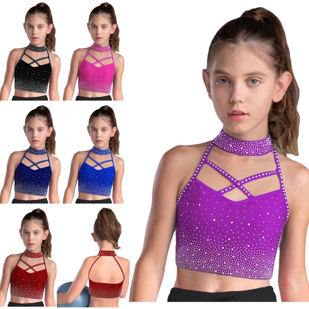 Kids Gymnastics Top Halter Sleeveless with Sparkling Rhinestones Cross Front Backless Dance Wear Costume