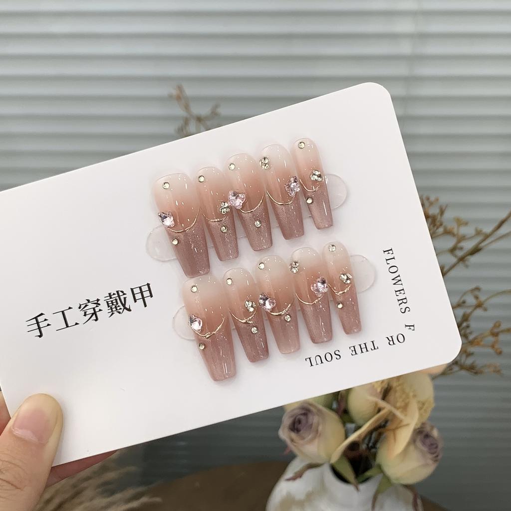 Ice-transparent Gradient Cat Eye French Simple Love Broken Diamond High Sweet Raspberry Nail