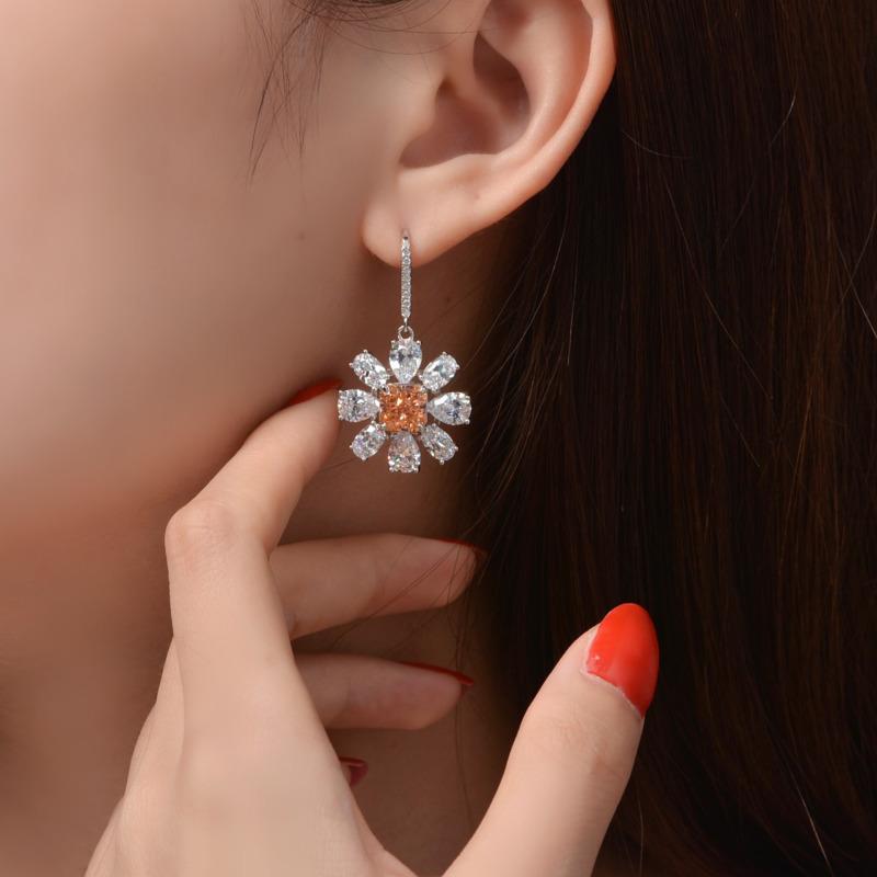 Gica Gema Pierścionek ze srebra próby 925 w kształcie kwiatu, eleganckie luksusowe kolczyki wiszące dla kobiet, delikatna, zwięzła, szykowna biżuteria wysokiej klasy, prezent