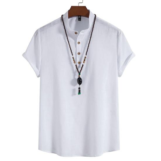 

Мужская рубашка, воротник-стойка, пуговицы, вырез, сплошной цвет, пуловер с короткими рукавами, повседневная одежда, хлопковые и льняные мужские топы, летняя модная футболка, повседневная одежда L белый