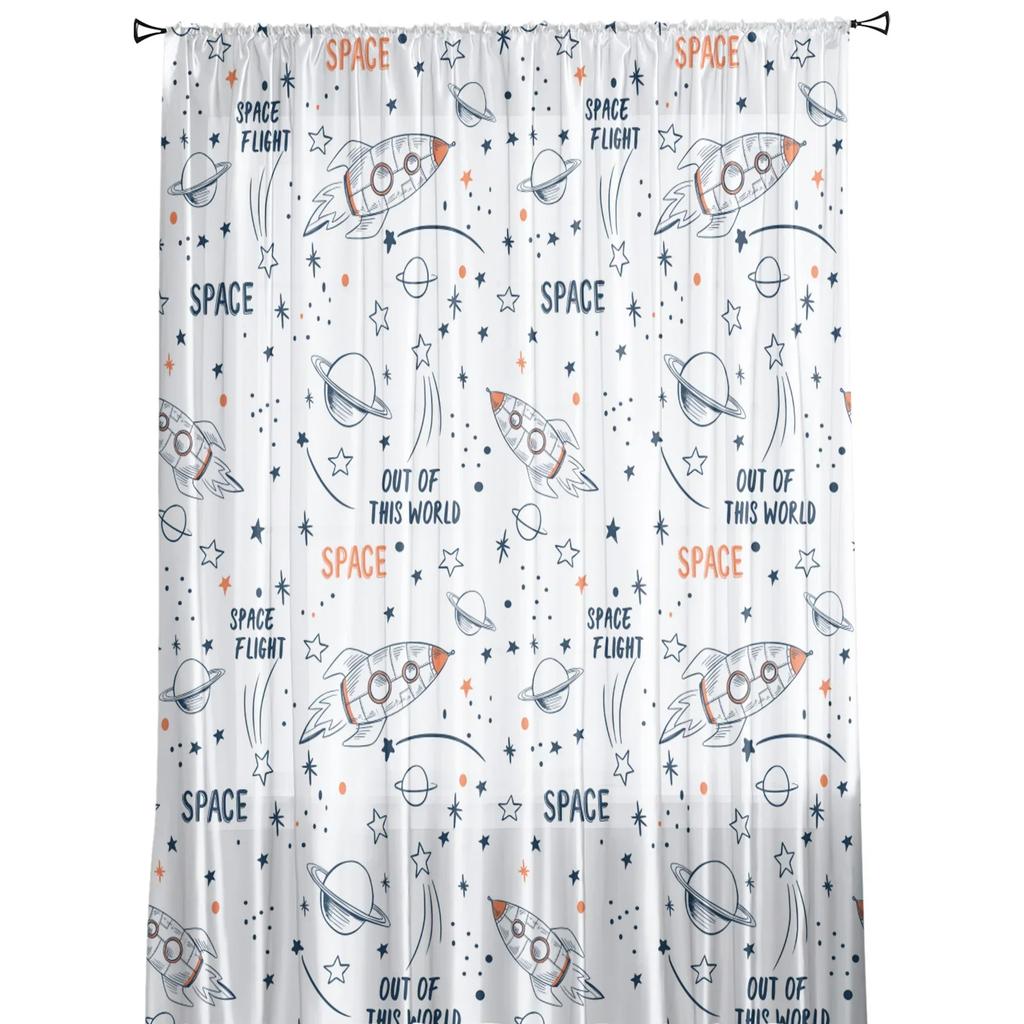 Universe Space Rocket Cartoon White Tulle Sheer Curtains for Living Room Decor Window Curtain for Bedroom Voile Organza Drapes