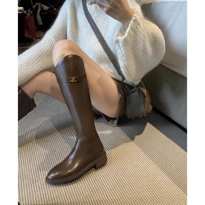 Cowhide Leather Slant Boots Buckle Thick Heel High Knight Boots Women's Boots
