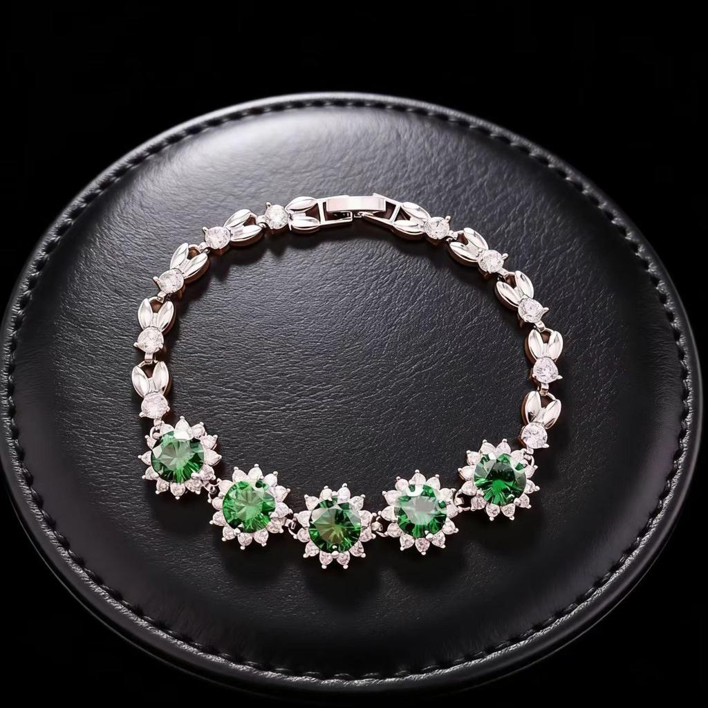Stylish Full Diamond Sunflower Colored Treasure Bracelet Simulation Ruby Emerald Gemstone Bracelet High-End Design Jewelry