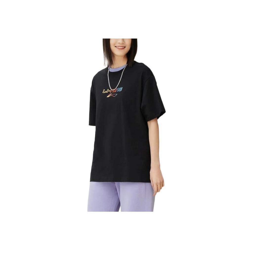 Li Ning Sports Fashion Series Letter Logo Embroidered Loose Short Sleeve T-Shirt Unisex Tops Black AHSS559-1