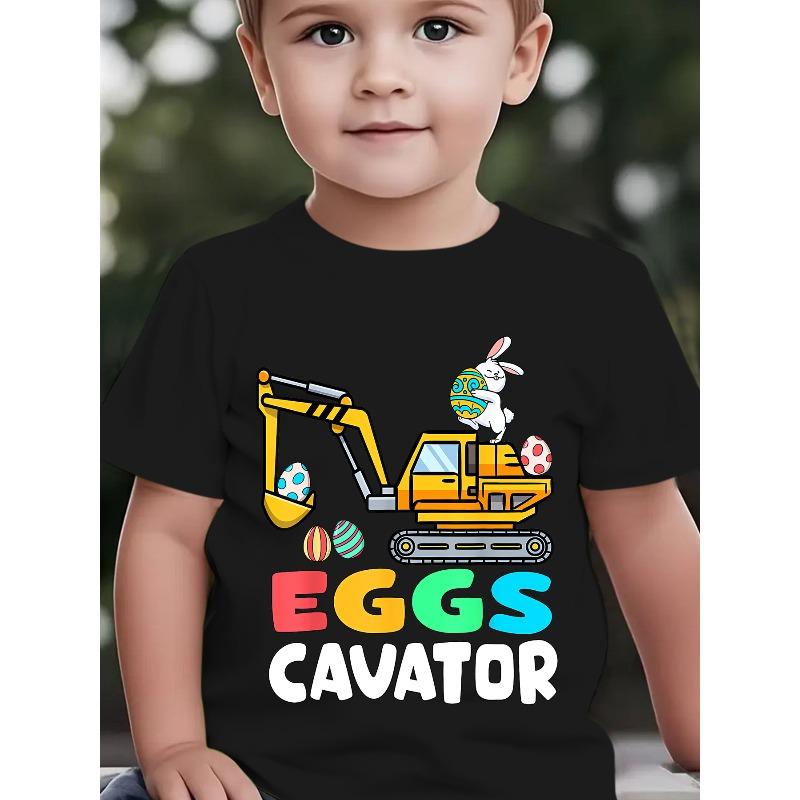 European sizes Boys Easter Egg Hunt T-Shirt with EGGS CAVATOR Bunny & Egg Dig Print - Summer Short Sleeve Casual Top 98cm чёрный