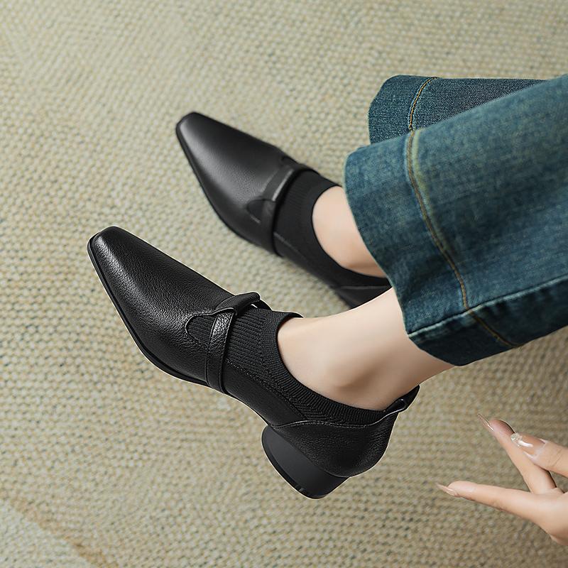 Fashion 2025 New Fashion Classic Spring Women's Shoes Genuine Leather Square Toe Chunky Mid Heel Shoes Women Concise Pumps Luxury Shoes