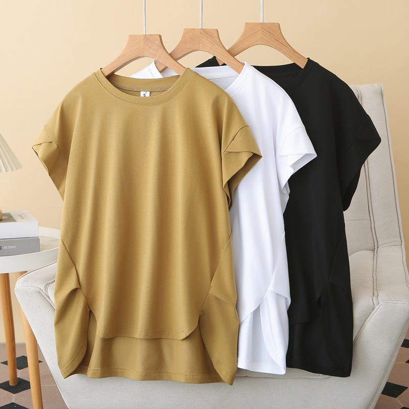 

C21 Plus Size Women s 2026 Summer Pleated Short Sleeve T-shirt, Korean Style for Chubby Girls, Slimming Fit, Long Back, Short Front 2XL (140-160 jin) белый