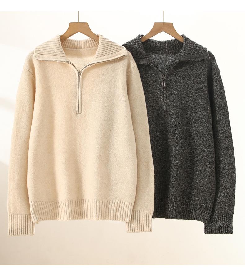 Women's Half-High Neck Wool Sweater: Thickened, Soft, Pure Color Pullover with Half-Zip for Autumn/Winter