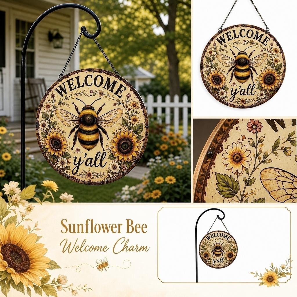 Round Hanging Welcome Sign with Bee and Floral Design Rustic Style Decorative Wall Plaque for Indoor Outdoor Use with Chain