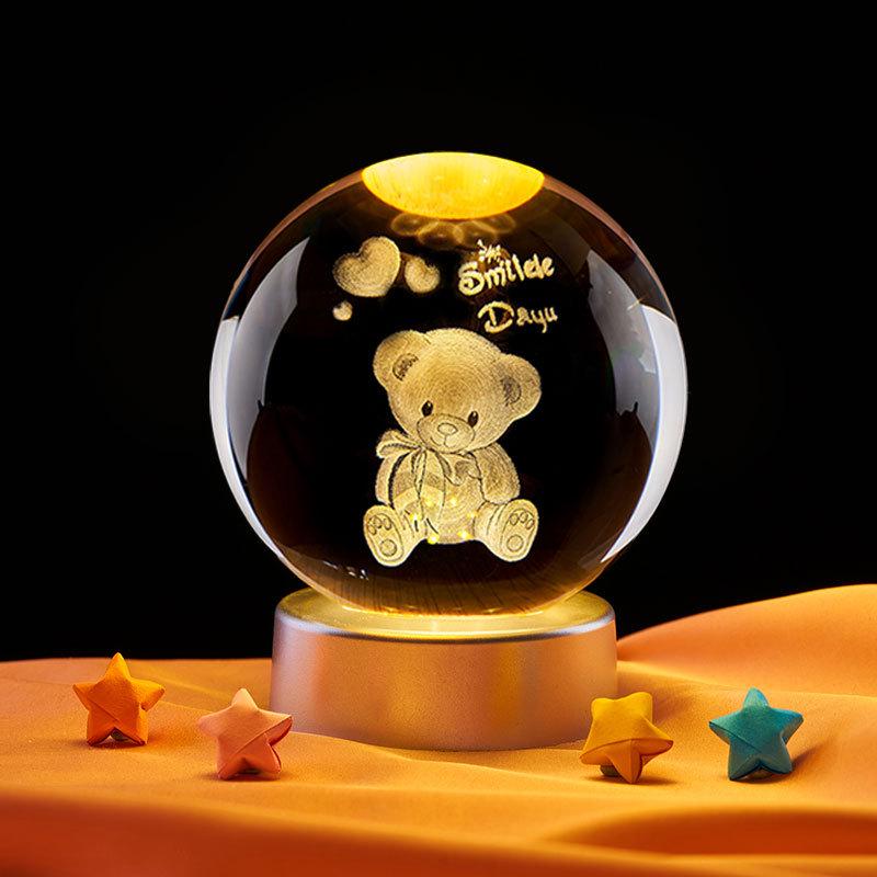 Luminous Teddy Bear Crystal Ball Night Light with Wooden Base - Creative Desktop Decoration Gift.