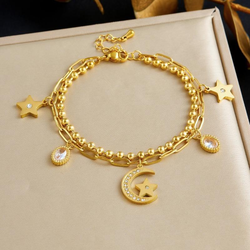 

Gold Plated Flower and Water Drop Cubic Zirconia Double Layer Chain Bracelet for Women Stainless Steel