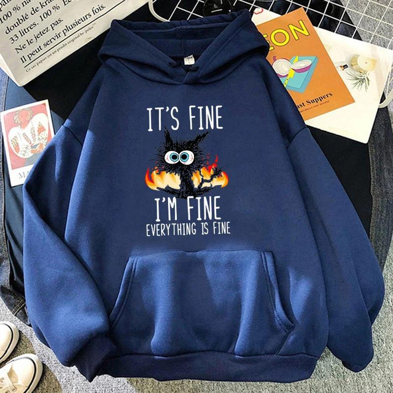 Autumn Winter Hoodie I'm Fine Everything Printed Loose Oversized Looped Round Neck Pullover Hoodies & Sweatshirts Women’s
