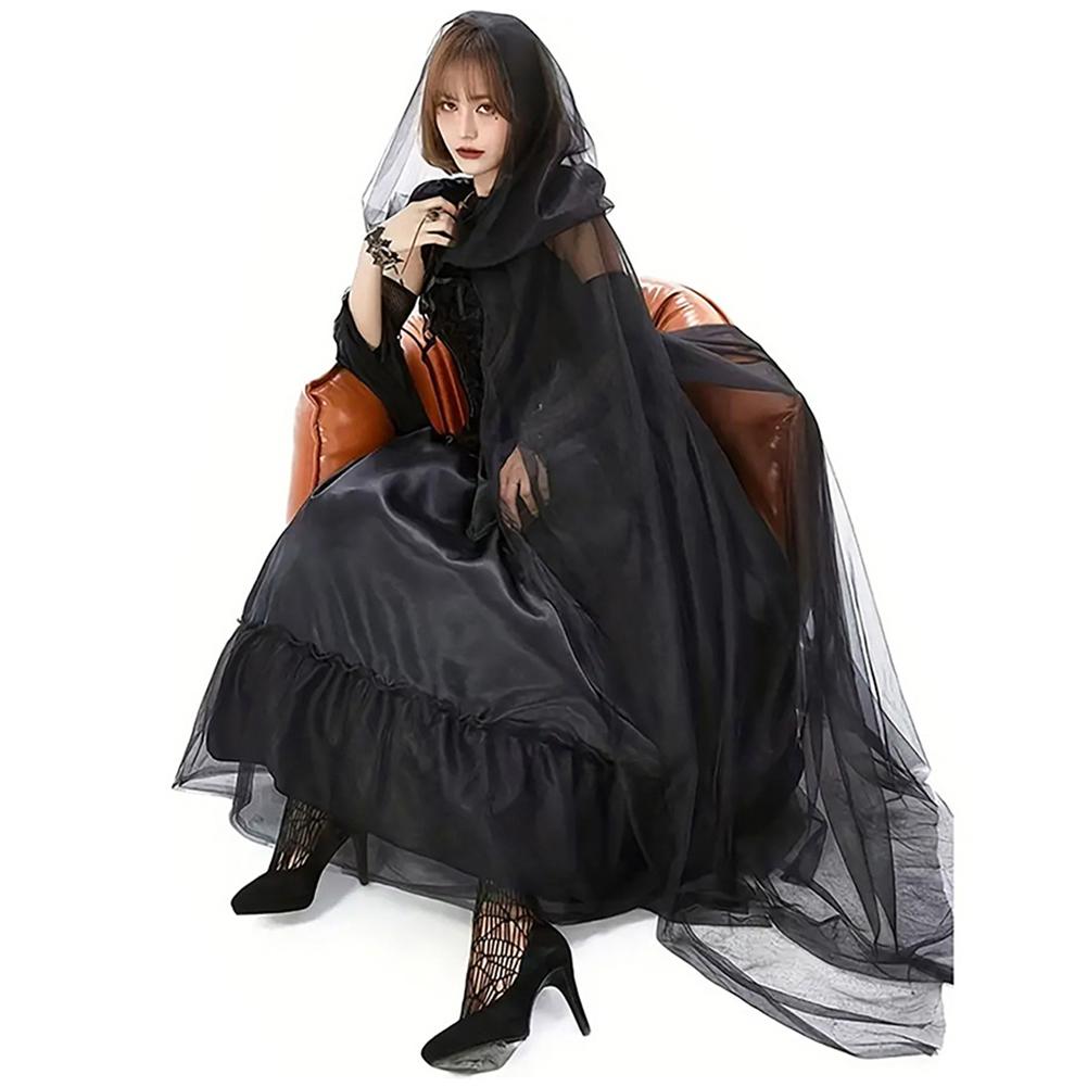 Halloween Sensenmann Umhang mit Kapuze Gothic Viktorianisch Mysteriöses Hexenkostüm Langer Umhang Durchsichtiges Netz Elegant Gothic Party Aufführung Cosplay Geist