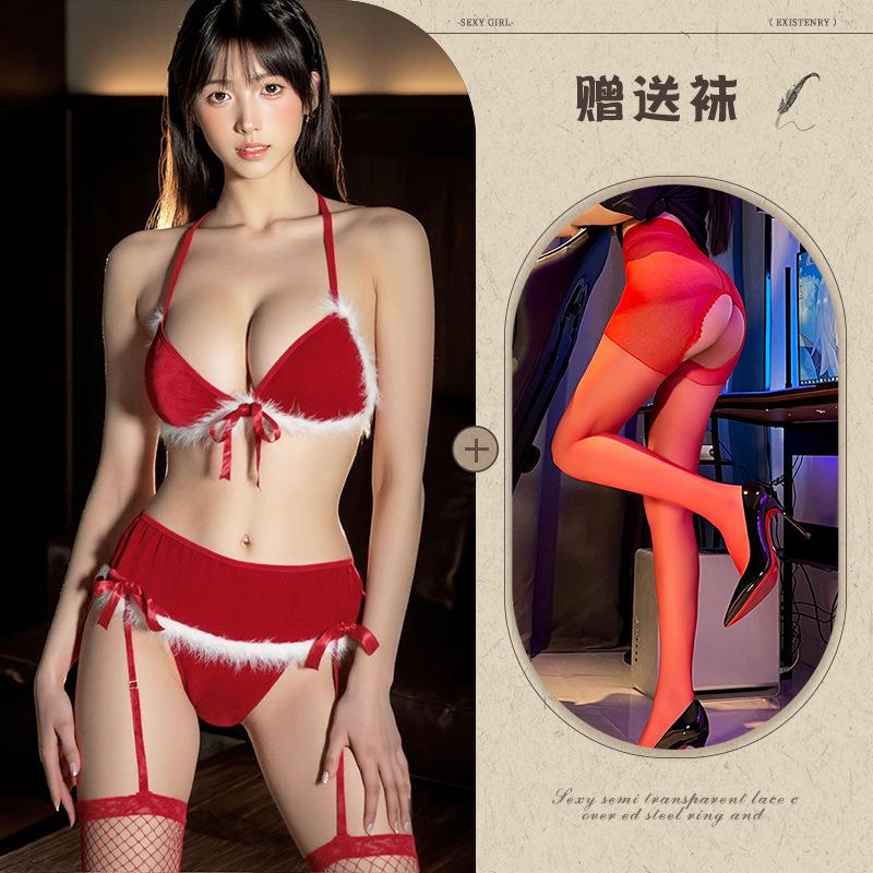 Sexy lingerie sexy christmas red gift seduction plush butterfly three-point garter