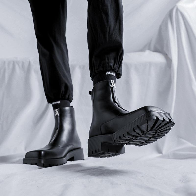 Martin boots mid-top British style youth hairstylist high-top leather boots thick-soled square head zipper Chelsea boots