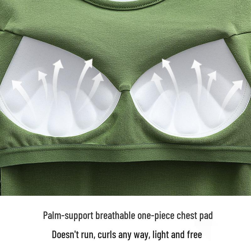 Dámské tričko s krátkým rukávem bez podprsenky - Čistá bavlna, Všitá podprsenka, Krásná záda, Zeštíhlující střih, Letní top