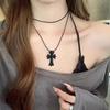 Black beaded cross necklace female double stacked long collarbone chain sweet cool Internet celebrity babes with